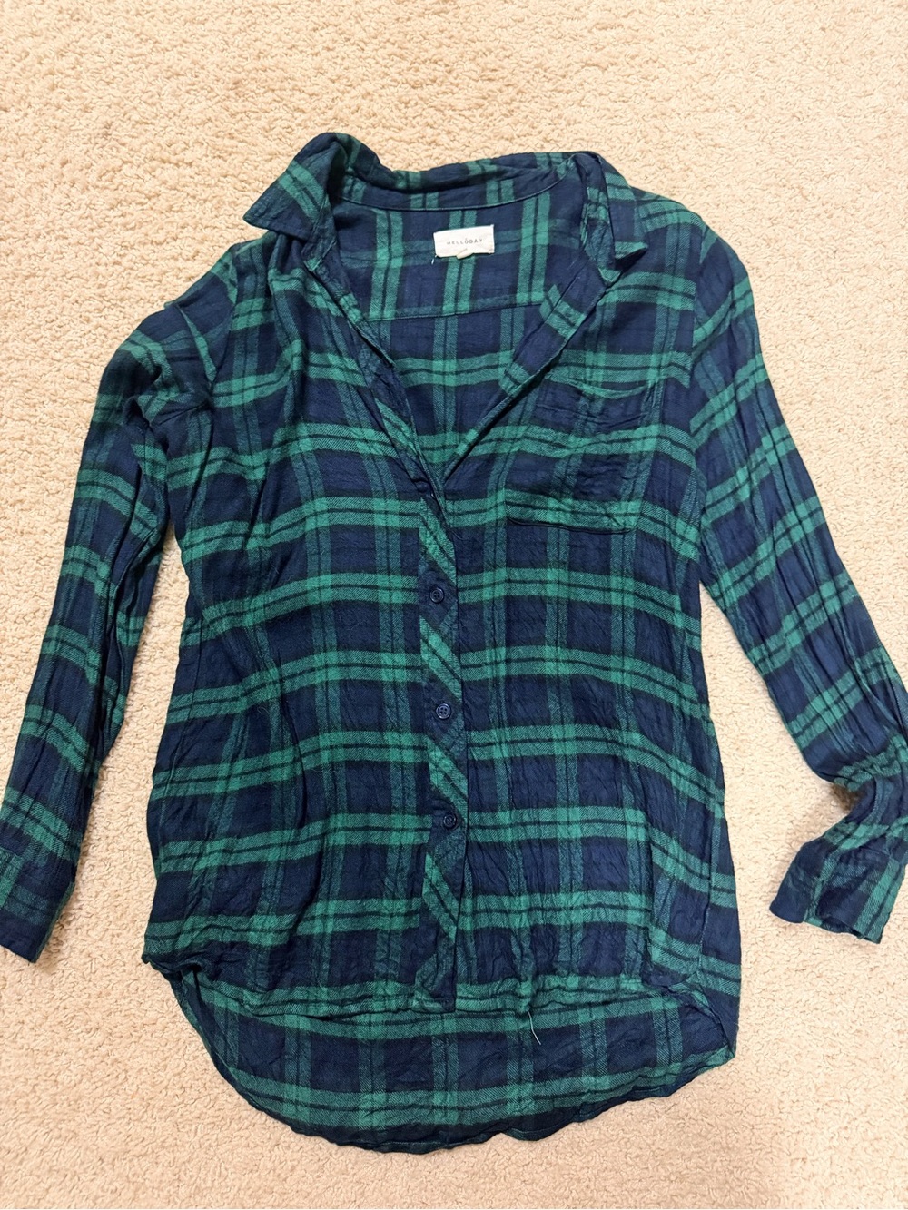MELLODAY Navy and Green Plaid Button-Down Shirt